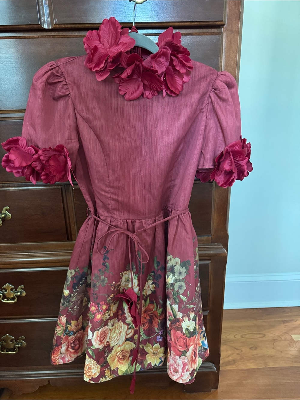 Floral Hem Burgundy Mini Dress with 3D Flower Trim